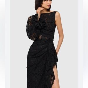 NWT women’s black Lace maxi Dress size 8 Ebony by Leo & Lin high slit whimsigoth